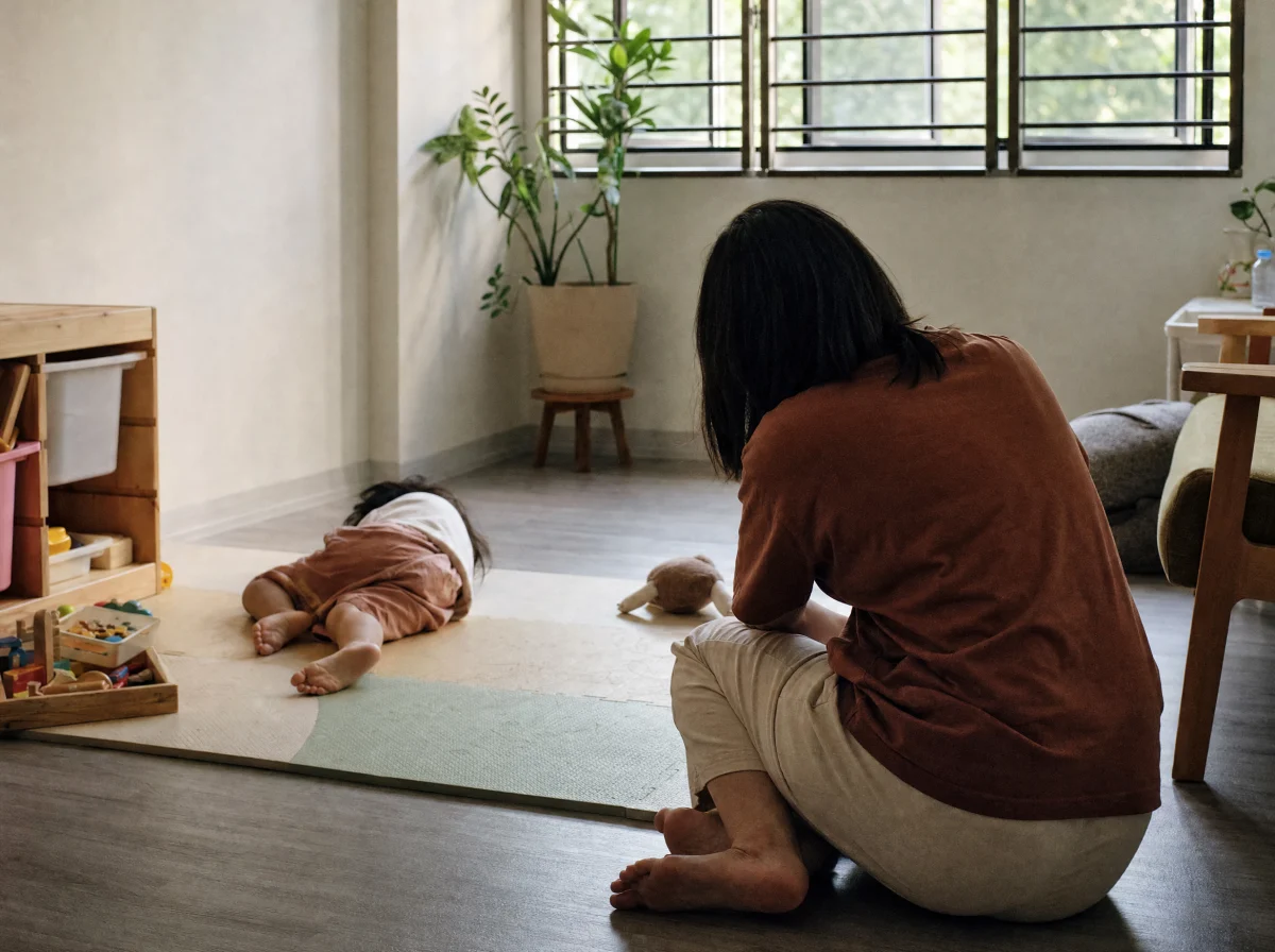 A child lying face down on a play mat during a meltdown, with a parent sitting quietly on the floor nearby, waiting