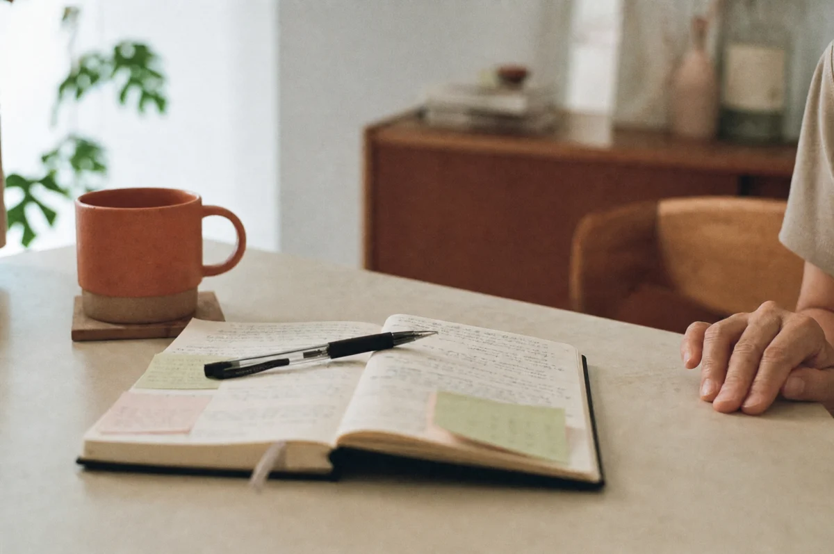 An open notebook filled with handwritten notes and sticky tabs, a pen resting across the page