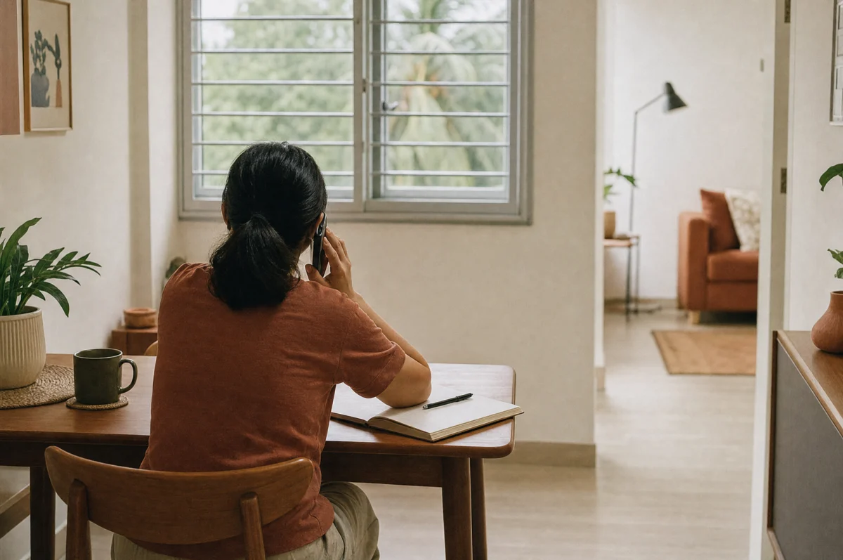 A parent sitting at a dining table with a notebook, phone held to their ear, waiting