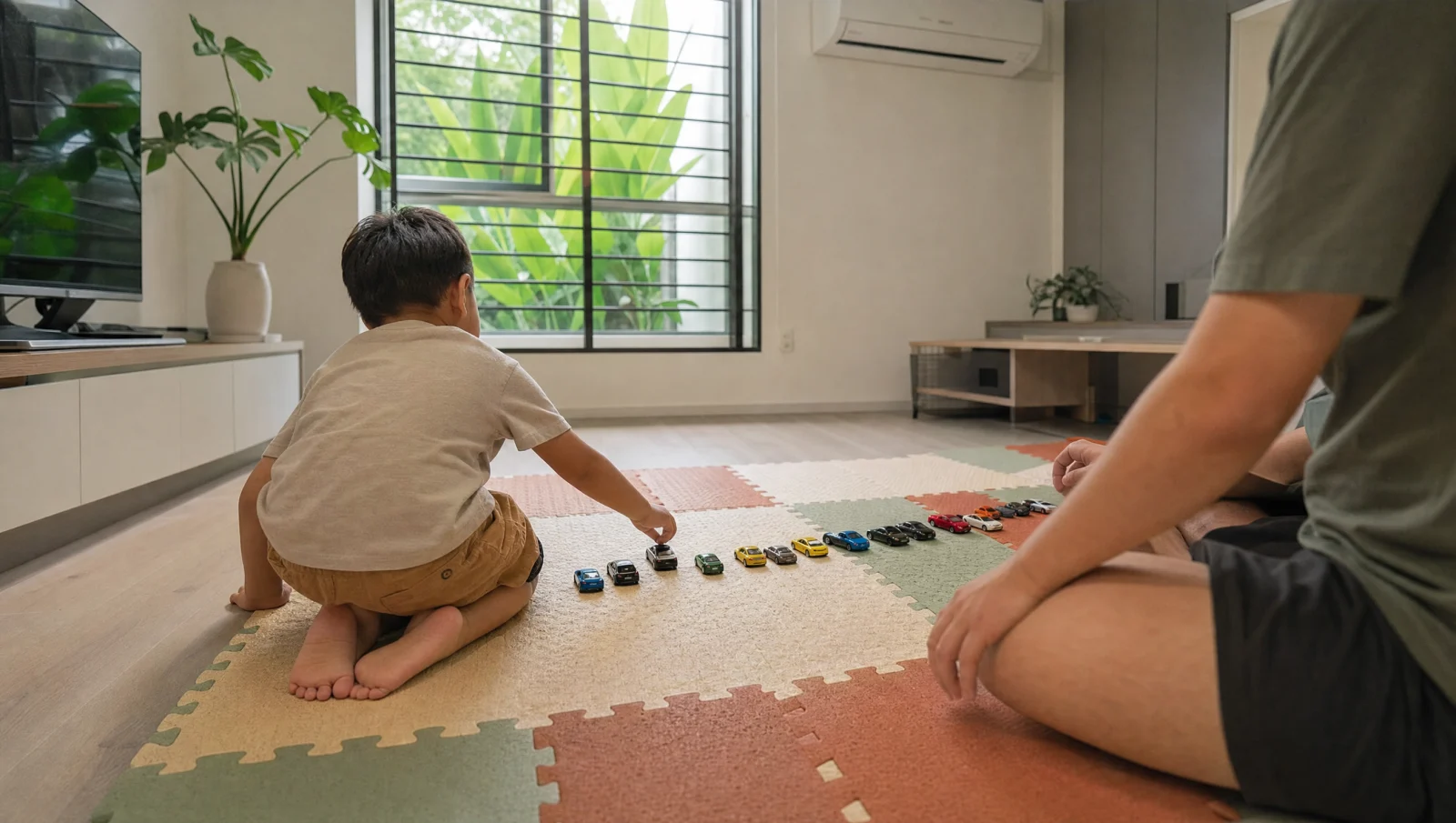 A young child kneeling on a play mat, carefully lining up toy cars in a neat row, with a parent sitting close by